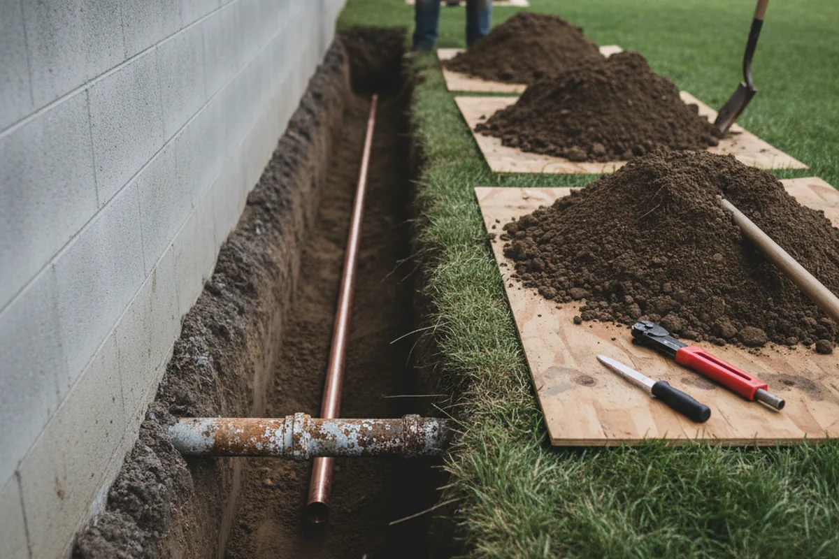 Excavated water line trench during Water Softener Installation in Loudonville